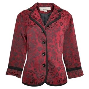 Dressbarn Red Black Vintage Floral Jacquard Textured Blazer Elegant Boho Jacket